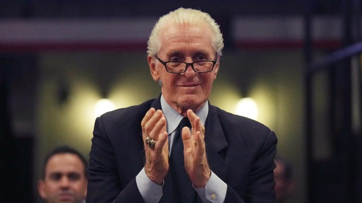 Mar 4, 2023; Miami, Florida, USA; Miami Heat president Pat Riley applauds Chris Bosh during a brief ceremony during the game between the Miami Heat and Atlanta Hawks at Miami-Dade Arena. Mandatory Credit: Jim Rassol-USA TODAY Sports