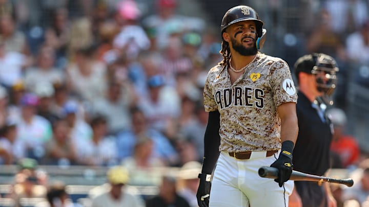 Sep 8, 2024; San Diego, California, USA; San Diego Padres right fielder Fernando Tatis Jr. (23) reacts after striking out during the seventh inning against the San Francisco Giants at Petco Park. 