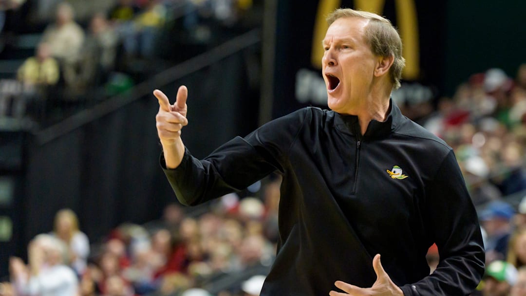 Oregon head coach Dana Altman questions a call as the Oregon Ducks host the Wisconsin Badgers.