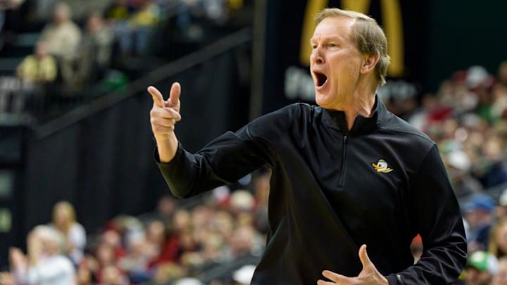 Oregon head coach Dana Altman questions a call as the Oregon Ducks host the Wisconsin Badgers.