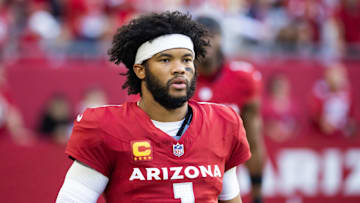 Jan 5, 2025; Glendale, Arizona, USA; Arizona Cardinals quarterback Kyler Murray (1) against the San Francisco 49ers at State Farm Stadium. Mandatory Credit: Mark J. Rebilas-Imagn Images