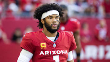 Jan 5, 2025; Glendale, Arizona, USA; Arizona Cardinals quarterback Kyler Murray (1) against the San Francisco 49ers at State Farm Stadium. Mandatory Credit: Mark J. Rebilas-Imagn Images