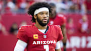 Jan 5, 2025; Glendale, Arizona, USA; Arizona Cardinals quarterback Kyler Murray (1) against the San Francisco 49ers at State Farm Stadium. Mandatory Credit: Mark J. Rebilas-Imagn Images