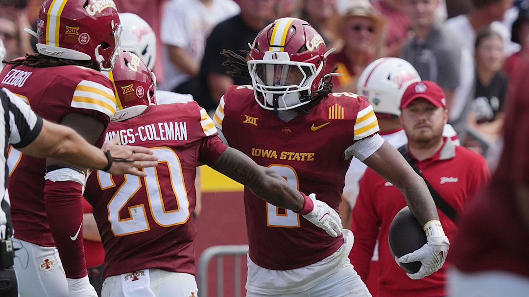 Iowa State Cyclones' defensive back Jamison Patton (2) celebrates with team mates after an interception against South Dakotanduring the secondquarter in the home game opening at Jack Trice Stadium on August 30, 2025, in Ames, Iowa