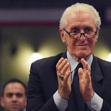 Mar 4, 2023; Miami, Florida, USA; Miami Heat president Pat Riley applauds Chris Bosh during a brief ceremony during the game between the Miami Heat and Atlanta Hawks at Miami-Dade Arena. Mandatory Credit: Jim Rassol-Imagn Images