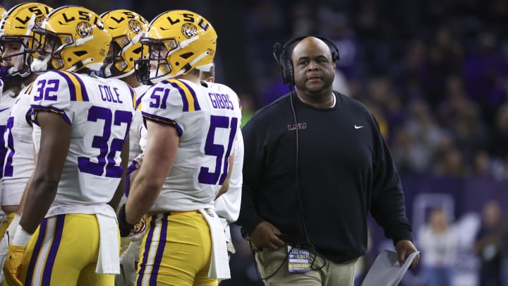 Jan 4, 2022; Houston, TX, USA; LSU Tigers interim head coach Brad Davis reacts during the third quarter against the Kansas State Wildcats during the 2022 Texas Bowl at NRG Stadium. Mandatory Credit: Troy Taormina-USA TODAY Sports