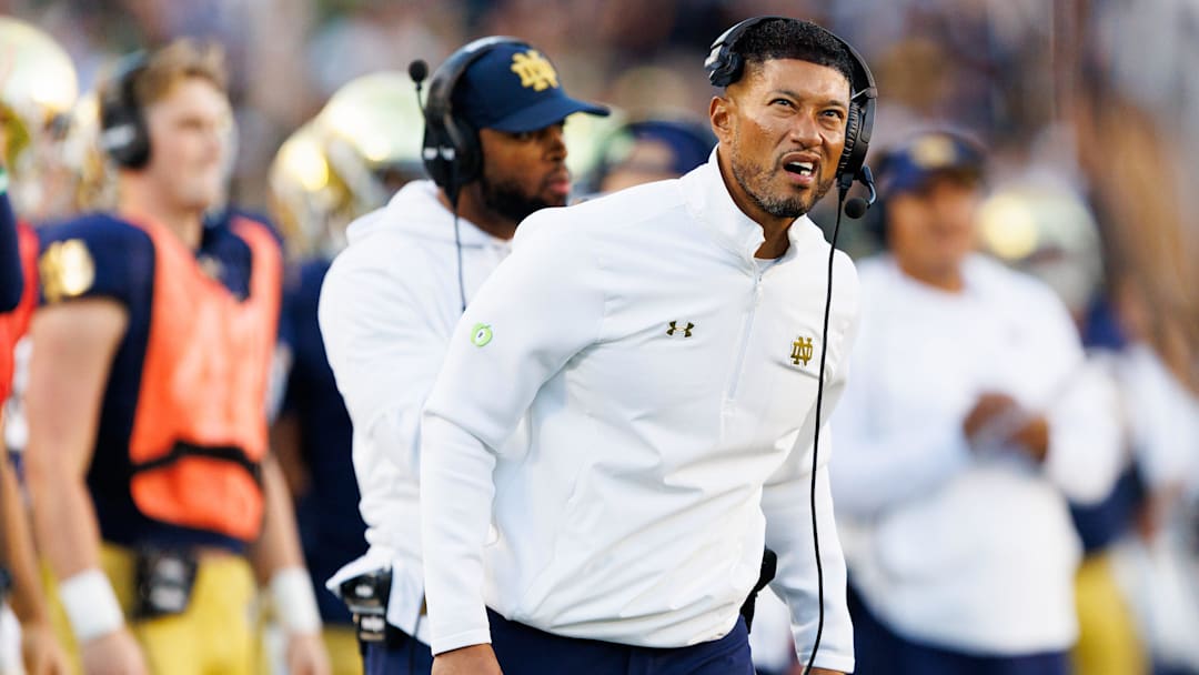 Notre Dame head coach Marcus Freeman looks on in the second half of a NCAA football game against NC State at Notre Dame Stadium on Saturday, Oct. 11, 2025, in South Bend.