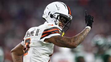 Dec 28, 2023; Cleveland, Ohio, USA; Cleveland Browns cornerback Greg Newsome II (0) celebrates during the first half against the New York Jets at Cleveland Browns Stadium. Mandatory Credit: Scott Galvin-USA TODAY Sports