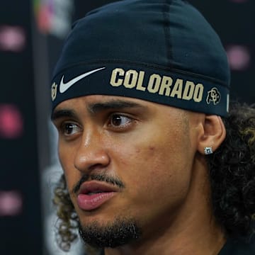 Jul 9, 2025; Frisco, TX, USA; Colorado quarterback Julian Lewis speaks with the media during 2025 Big 12 Football Media Days at The Star. Mandatory Credit: Raymond Carlin III-Imagn Images