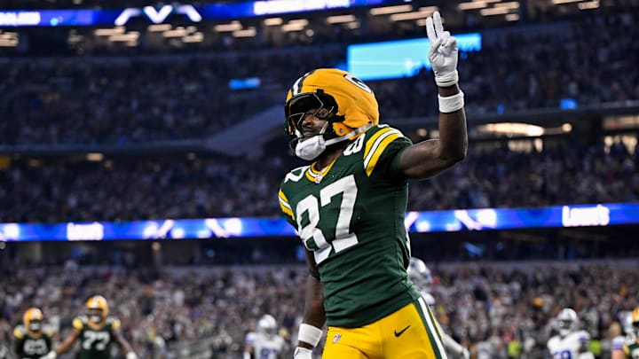 Sep 28, 2025; Arlington, Texas, USA; Green Bay Packers wide receiver Romeo Doubs (87) celebrates in the end zone after he catches a pass for a touchdown during the game between the Dallas Cowboys and the Green Bay Packers at AT&T Stadium. Mandatory Credit: Jerome Miron-Imagn Images Sep 28, 2025; Arlington, Texas, USA; Green Bay Packers wide receiver Romeo Doubs (87) celebrates in the end zone after he catches a pass for a touchdown during the game between the Dallas Cowboys and the Green Bay Packers at AT&T Stadium. Mandatory Credit: Jerome Miron-Imagn Images
