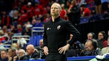 Mar 20, 2025; Lexington, KY, USA; Louisville Cardinals head coach Pat Kelsey looks on during the first half of the game against the Creighton Bluejays in the first round of the NCAA Tournament at Rupp Arena. Mandatory Credit: Jordan Prather-Imagn Images