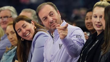 May 21, 2025; San Francisco, California, USA;  Golden State Valkyries president Jess Smith and owner Joe Lacob watch the action against the Washington Mystics in the first quarter at Chase Center. Mandatory Credit: David Gonzales-Imagn Images