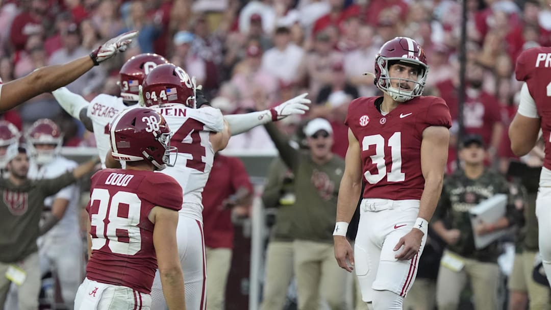 Nov 15, 2025; Tuscaloosa, Alabama, USA;  Alabama Crimson Tide kicker Conor Talty (31) reacts after missing a field goal to end the first half  against the Oklahoma Soonersat Saban Field at Bryant-Denny Stadium. Mandatory Credit: Gary Cosby Jr.-Imagn Images