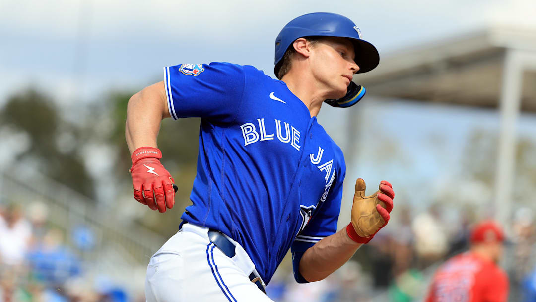 Toronto Blue Jays shortstop Josh Kasevich singles. Toronto Blue Jays shortstop Josh Kasevich singles.
