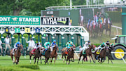 Jun 8, 2024; Saratoga Springs, NY, USA; A general view of the start of race two at Saratoga Race Course. 