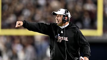Nov 11, 2023; College Station, Texas, USA; Texas A&M Aggies head coach Jimbo Fisher reacts to a call during the second quarter against the Mississippi State Bulldogs at Kyle Field. Mandatory Credit: Maria Lysaker-Imagn Images