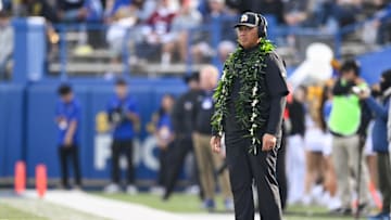 Nov 29, 2024; San Jose, California, USA; San Jose State Spartans head coach Ken Niumatalolo looks on against the Stanford Cardinal in the first quarter at CEFCU Stadium. Mandatory Credit: Eakin Howard-Imagn Images