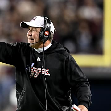 Nov 11, 2023; College Station, Texas, USA; Texas A&M Aggies head coach Jimbo Fisher reacts to a call during the second quarter against the Mississippi State Bulldogs at Kyle Field. Mandatory Credit: Maria Lysaker-Imagn Images