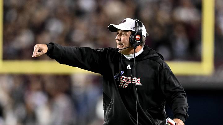 Nov 11, 2023; College Station, Texas, USA; Texas A&M Aggies head coach Jimbo Fisher reacts to a call during the second quarter against the Mississippi State Bulldogs at Kyle Field. Mandatory Credit: Maria Lysaker-Imagn Images