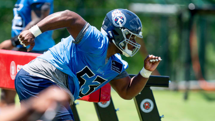 Offensive lineman Saahdiq Charles (53) runs drills during Tennessee Titans practice at Ascension Saint Thomas Sports Park in Nashville, Tenn., Tuesday, May 21, 2024.