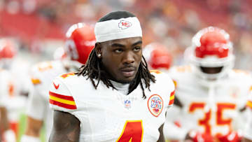 Aug 9, 2025; Glendale, Arizona, USA; Kansas City Chiefs wide receiver Rashee Rice (4) against the Arizona Cardinals during a preseason NFL game at State Farm Stadium. Mandatory Credit: Mark J. Rebilas-Imagn Images