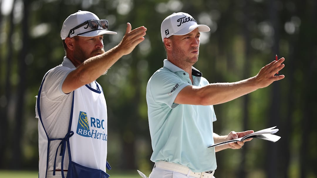 Justin Thomas and caddie Joe Greiner during the final round of the 2025 RBC Heritage