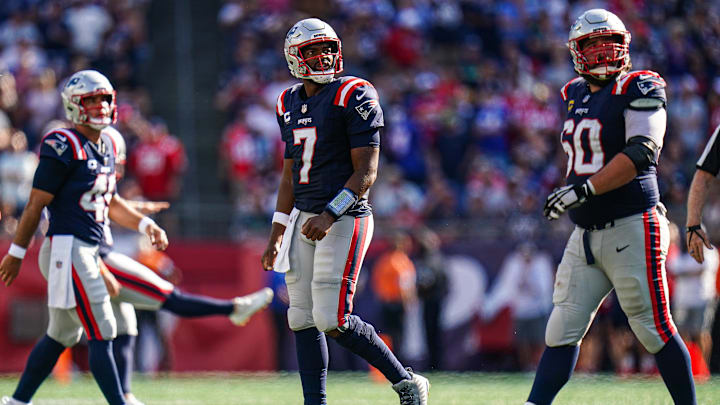 Sep 15, 2024; Foxborough, Massachusetts, USA; New England Patriots quarterback Jacoby Brissett (7) exits the field on fourth down against the Seattle Seahawks in the second half at Gillette Stadium. Mandatory Credit: David Butler II-Imagn Images