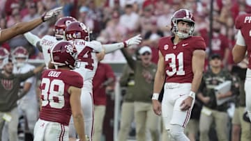 Nov 15, 2025; Tuscaloosa, Alabama, USA;  Alabama Crimson Tide kicker Conor Talty (31) reacts after missing a field goal to end the first half  against the Oklahoma Soonersat Saban Field at Bryant-Denny Stadium. Mandatory Credit: Gary Cosby Jr.-Imagn Images