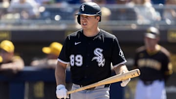 Chicago White Sox catcher Kyle Teel against the San Diego Padres during a spring training game at Peoria Sports Complex. 
