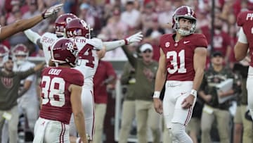 Nov 15, 2025; Tuscaloosa, Alabama, USA;  Alabama Crimson Tide kicker Conor Talty (31) reacts after missing a field goal to end the first half against the Oklahoma Sooners.