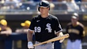 Chicago White Sox catcher Kyle Teel at-bat against the San Diego Padres during a spring training game at Peoria Sports Complex. 