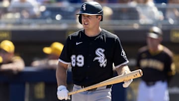 Chicago White Sox catcher Kyle Teel at-bat against the San Diego Padres during a spring training game at Peoria Sports Complex. 