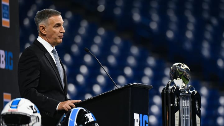 Jul 26, 2023; Indianapolis, IN, USA;  Big Ten commissioner Tony Petitti speaks to the media during Big 10 football media days at Lucas Oil Stadium. Mandatory Credit: Robert Goddin-USA TODAY Sports