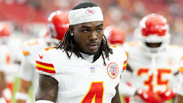 Aug 9, 2025; Glendale, Arizona, USA; Kansas City Chiefs wide receiver Rashee Rice (4) against the Arizona Cardinals during a preseason NFL game at State Farm Stadium. Mandatory Credit: Mark J. Rebilas-Imagn Images