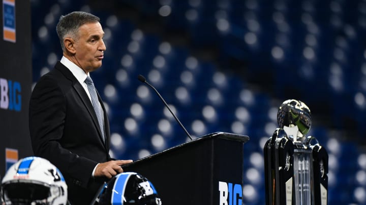 Jul 26, 2023; Indianapolis, IN, USA;  Big Ten commissioner Tony Petitti speaks to the media during Big 10 football media days at Lucas Oil Stadium. Mandatory Credit: Robert Goddin-USA TODAY Sports