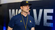 Jan 8, 2024; Houston, TX, USA; Michigan Wolverines head coach Jim Harbaugh against the Washington Huskies in the 2024 College Football Playoff national championship game at NRG Stadium. Mandatory Credit: Mark J. Rebilas-USA TODAY Sports