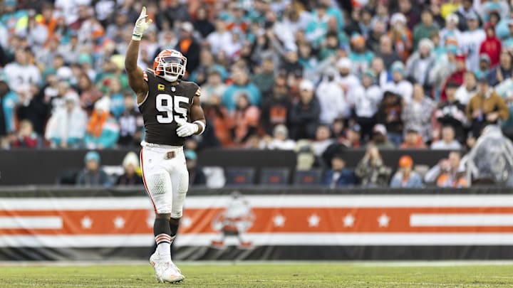 Dec 29, 2024; Cleveland, Ohio, USA; Cleveland Browns defensive end Myles Garrett (95) celebrates his sack against the Miami Dolphins during the first quarter at Huntington Bank Field. Mandatory Credit: Scott Galvin-Imagn Images Dec 29, 2024; Cleveland, Ohio, USA; Cleveland Browns defensive end Myles Garrett (95) celebrates his sack against the Miami Dolphins during the first quarter at Huntington Bank Field. Mandatory Credit: Scott Galvin-Imagn Images