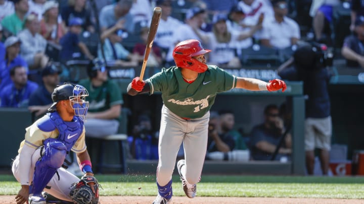 Jul 8, 2023; Seattle, Washington, USA; National League Futures designated hitter Justin Crawford (13) of the Philadelphia Phillies hits an RBI-sacrifice fly against the American League Futures during the second inning of the All Star-Futures Game at T-Mobile Park. 