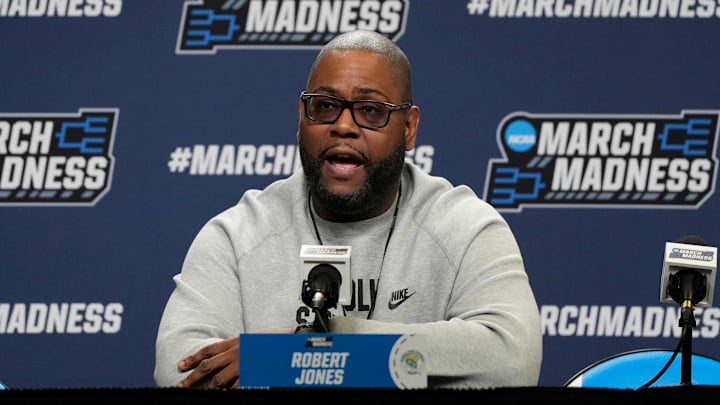 Mar 20, 2025; Raleigh, NC, USA; Norfolk State Spartans head coach Robert Jones during the press conference at Lenovo Center. Mandatory Credit: Bob Donnan-Imagn Images Mar 20, 2025; Raleigh, NC, USA; Norfolk State Spartans head coach Robert Jones during the press conference at Lenovo Center. Mandatory Credit: Bob Donnan-Imagn Images
