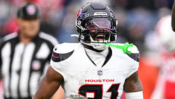 Oct 13, 2024; Foxborough, Massachusetts, USA; Houston Texans running back Dameon Pierce (31) reacts after scoring a touchdown against the New England Patriots during the second half at Gillette Stadium. Mandatory Credit: Brian Fluharty-Imagn Images