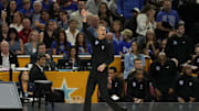 Apr 5, 2025; San Antonio, TX, USA; Duke Blue Devils head coach Jon Scheyer reacts against the Houston Cougars during the first half in the semifinals of the men's Final Four of the 2025 NCAA Tournament at Alamodome. Mandatory Credit: Scott Wachter-Imagn Images
