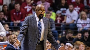 Nov 16, 2024; Bloomington, Indiana, USA; Indiana Hoosiers head coach Mike Woodson in the first half against the South Carolina Gamecocks at Simon Skjodt Assembly Hall. Mandatory Credit: Trevor Ruszkowski-Imagn Images