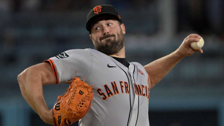 Jul 24, 2024; Los Angeles, California, USA;  San Francisco Giants starting pitcher Robbie Ray (38) delivers to the plate in the third inning against the Los Angeles Dodgers at Dodger Stadium. 