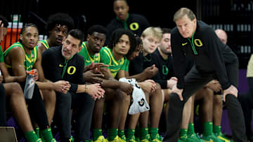 Head coach Dana Altman of the Oregon Ducks looks on during the first half against the Washington Huskies at Alaska Airlines Arena on March 09, 2025 in Seattle, Washington.