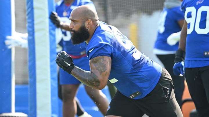 Jul 24, 2024; Rochester, NY, USA; Buffalo Bills defensive tackle DaQuan Jones (92) runs a drill during a training camp session at St. John Fisher University. 