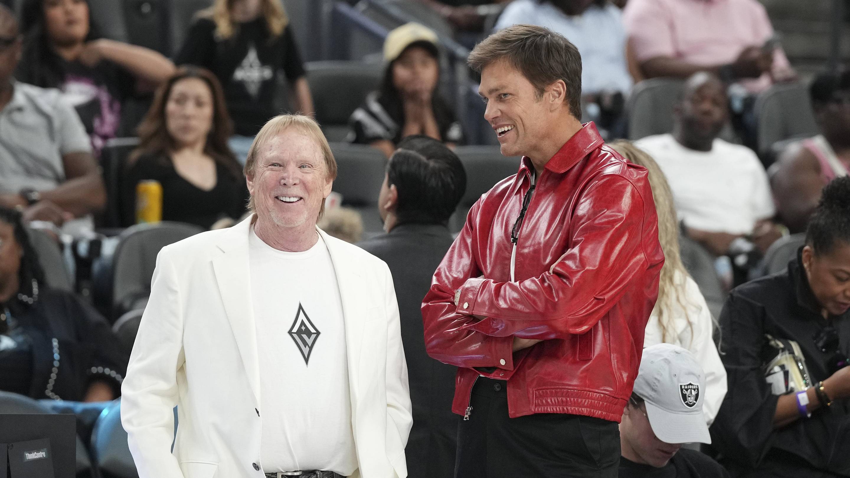 May 9, 2026; Las Vegas, Nevada, USA; Las Vegas Aces owner Mark Davis (left) and part-owner Tom Brady talk before the game between the Las Vegas Aces and the Phoenix Mercury at T-Mobile Arena. Mandatory Credit: Candice Ward-Imagn Images