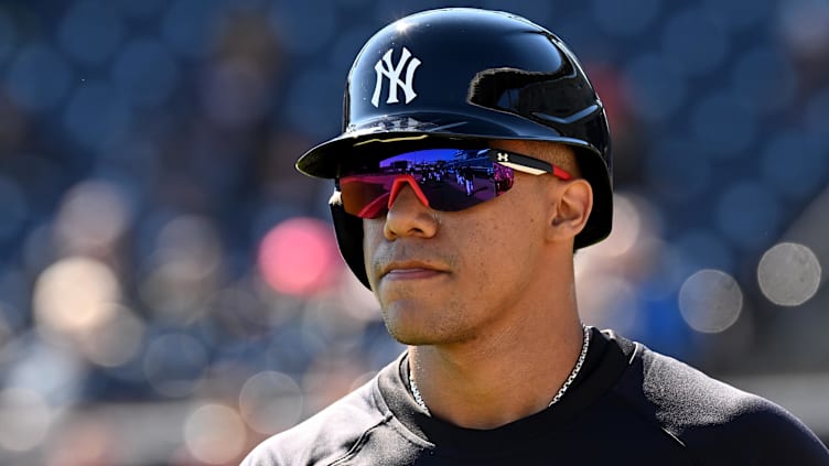 Feb 20, 2024; Tampa, FL, USA;  New York Yankees outfielder Juan Soto (22) walks off the field after