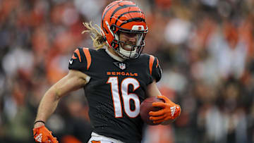 Dec 11, 2022; Cincinnati, Ohio, USA; Cincinnati Bengals wide receiver Trenton Irwin (16) scores a