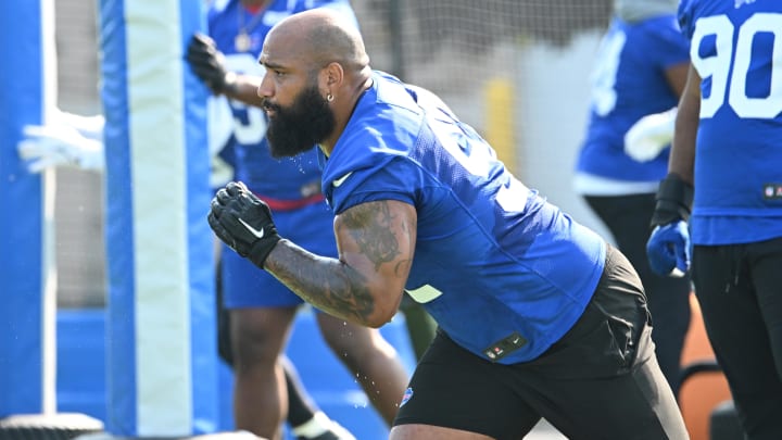 Jul 24, 2024; Rochester, NY, USA; Buffalo Bills defensive tackle DaQuan Jones (92) runs a drill during a training camp session at St. John Fisher University. Mandatory Credit: Mark Konezny-USA TODAY Sports