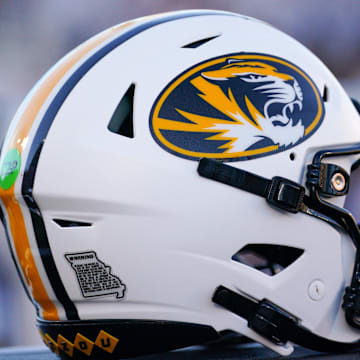 Sep 7, 2024; Columbia, Missouri, USA; A general view of a Missouri Tigers helmet against the Buffalo Bulls during the first half at Faurot Field at Memorial Stadium. Mandatory Credit: Denny Medley-Imagn Images